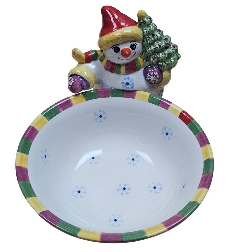 VTG Christopher Radko Holiday Celebrations Green Trim Figural Snowman Candy Dish
